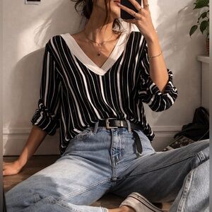 SUZY SHEIR Black & White Striped Blouse – Size M